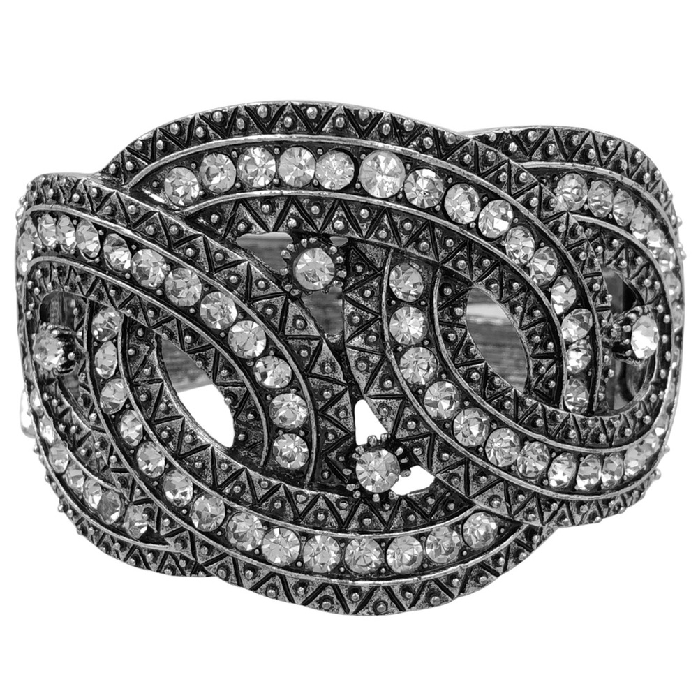 Clear Rhinestone Silver Tone Large Chunky Big Hinged Bangle Bracelet